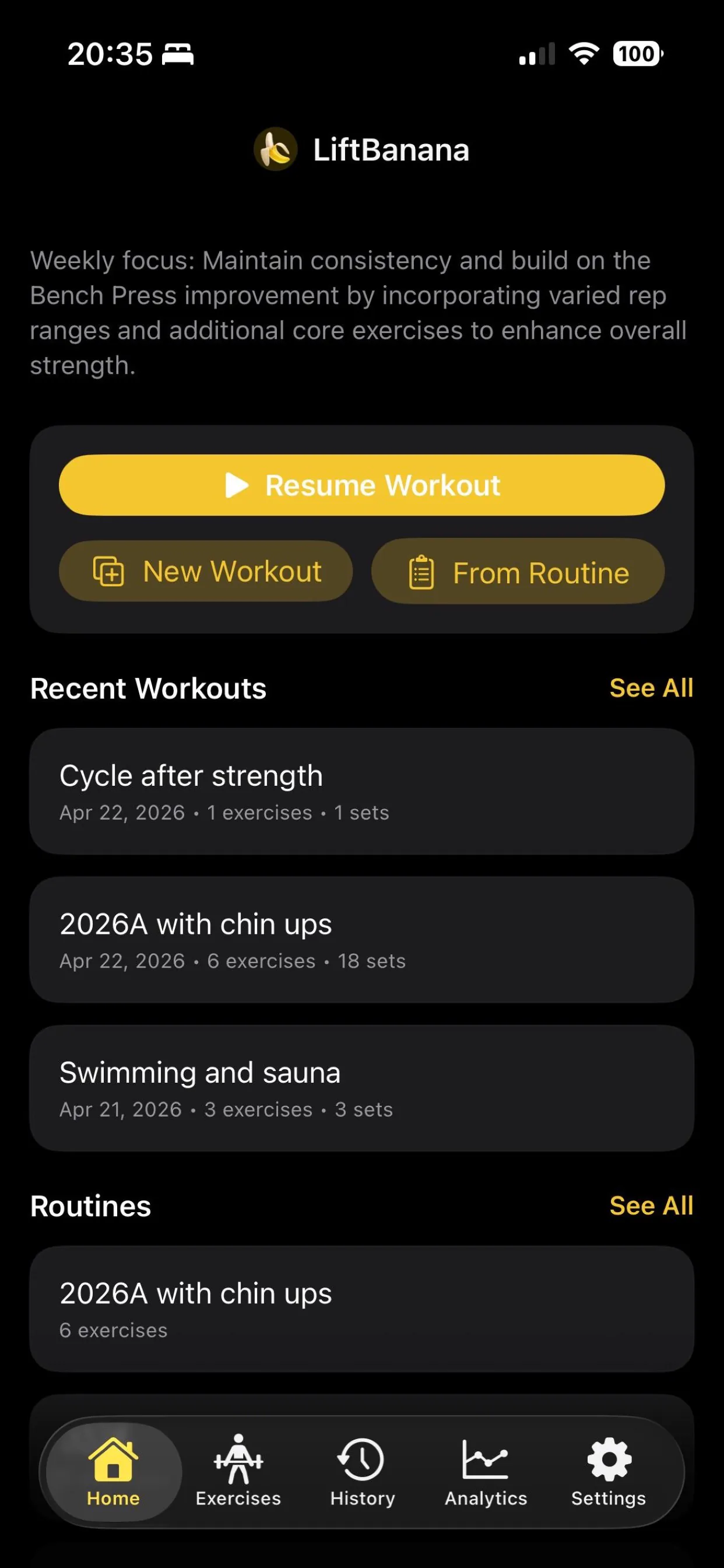 Lift Banana - Home screen